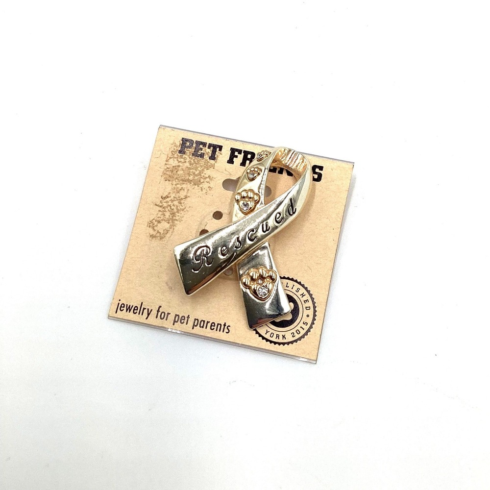 Pet Friends Rescued Ribbon Pin Silver Gold Tone Paw‎ Print Rhinestone Brooch